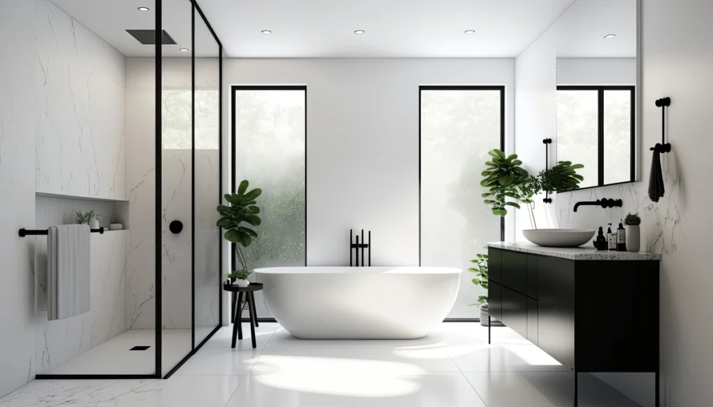 minimalistic bathroom with tub to shower conversion