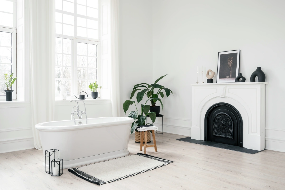 modern bathroom with a fireplace