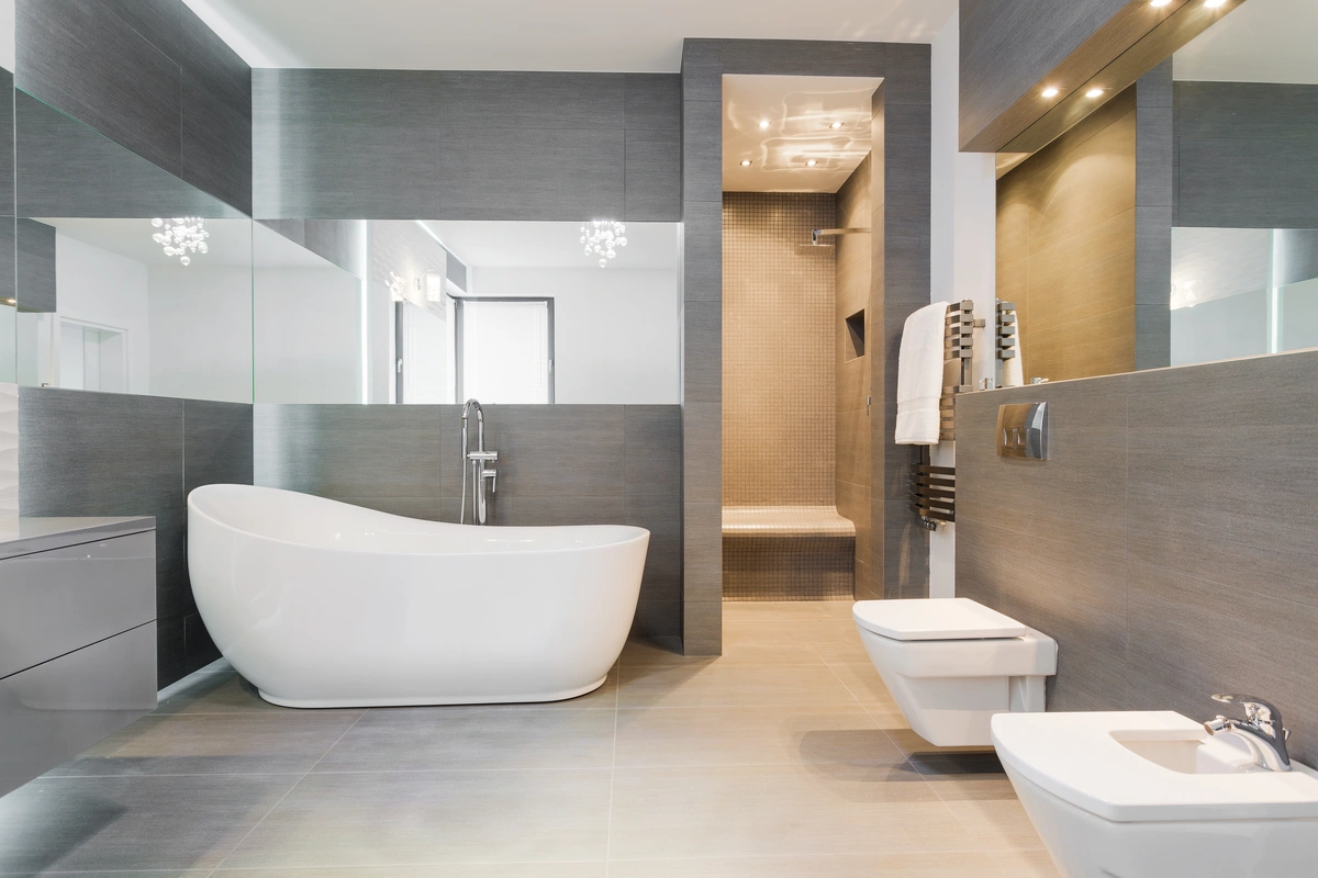 gray bathroom with bidet next to toilet