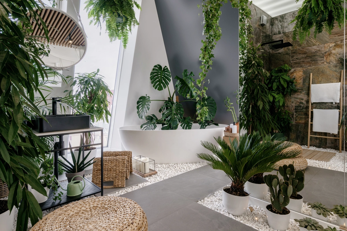 bathroom design made with natural elements and plants