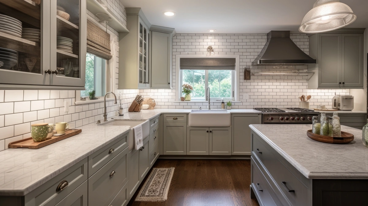 white countertops in the warm kitchen design