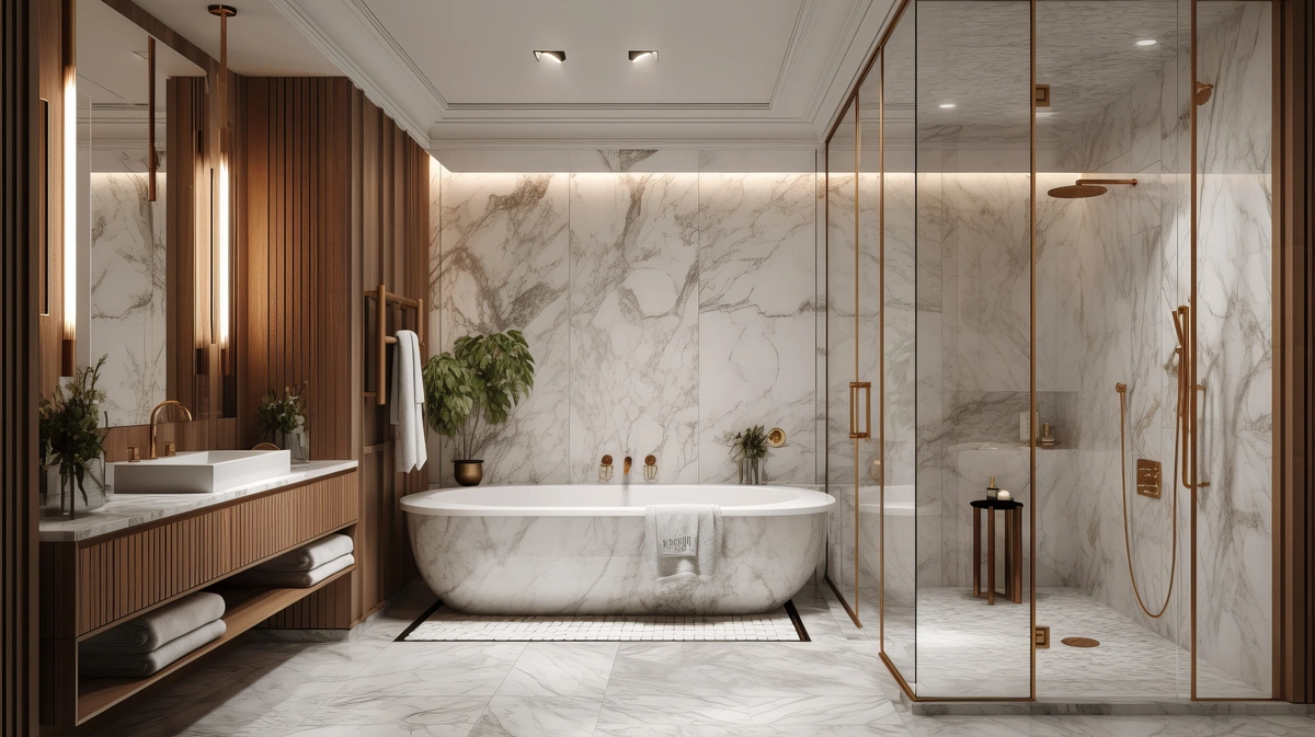 marble floor and tub bathroom design